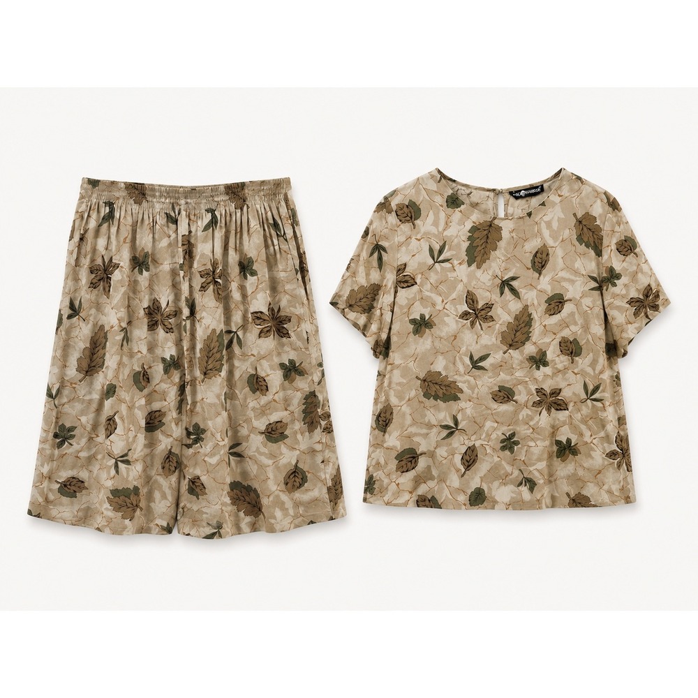 Sag Harbor Tan Brown Leaf Print Rayon Short Sleeve Top and Midi Skirt Set XL